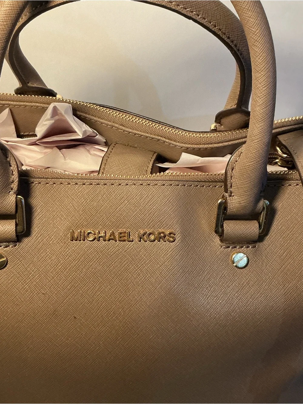 Michael Kors Taupe Saffiano Leather Tote with Gold Hardware
